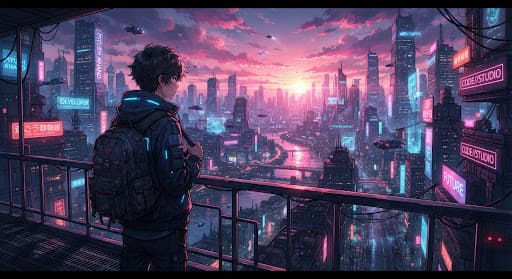 Anime boy with backpack looking at a cyberpunk skyline at sunset